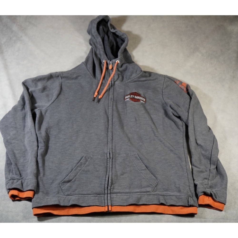 Harley Davidson Women's XL Full Zip Hoodie Gray Orange Jamestown ND Thumb Holes